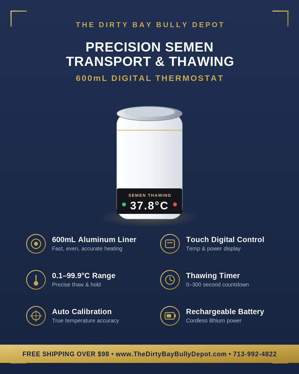 Thermostat specifications - 600mL aluminum liner, touch digital control, temperature range, thawing timer, calibration, rechargeable battery