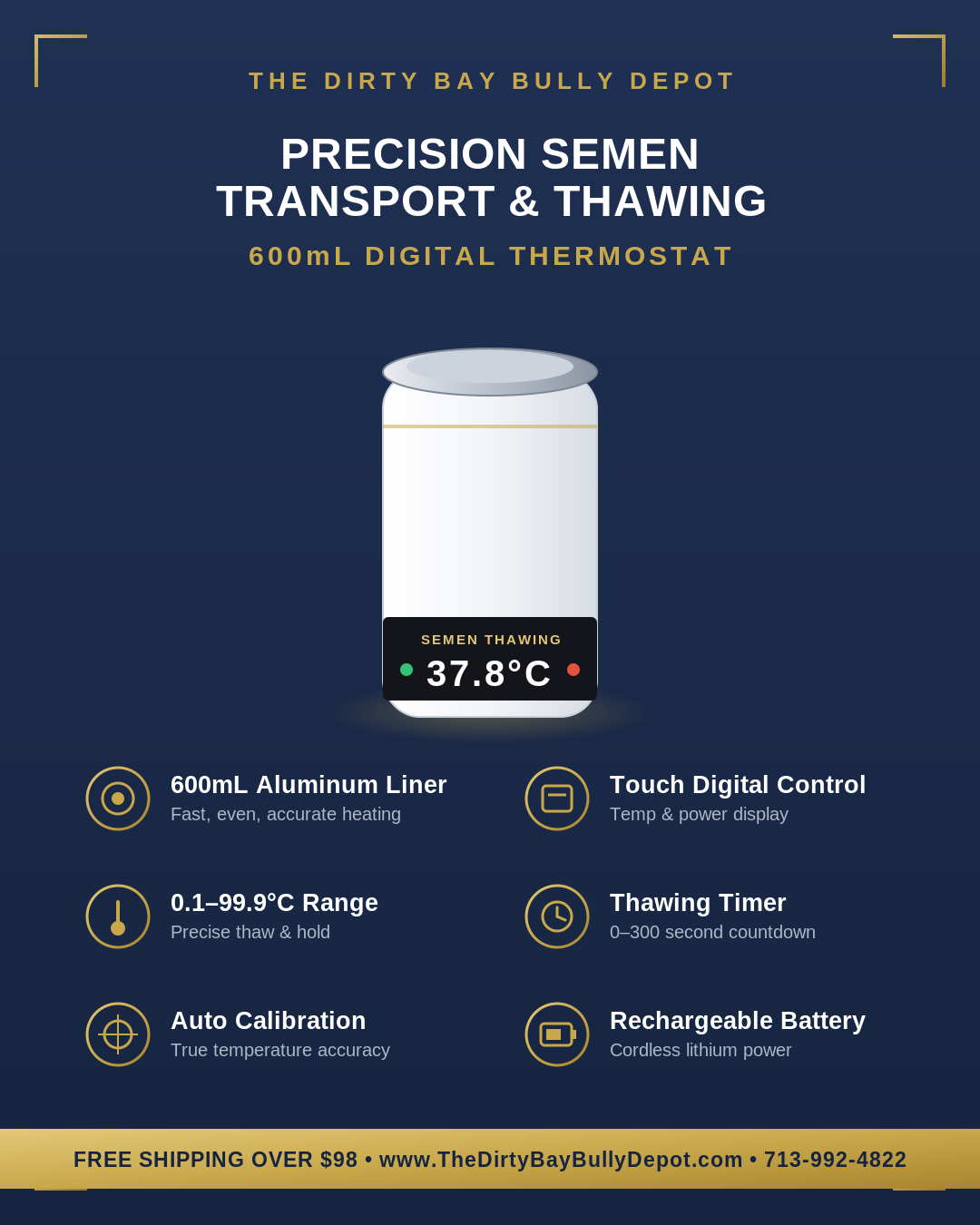 Thermostat specifications - 600mL aluminum liner, touch digital control, temperature range, thawing timer, calibration, rechargeable battery